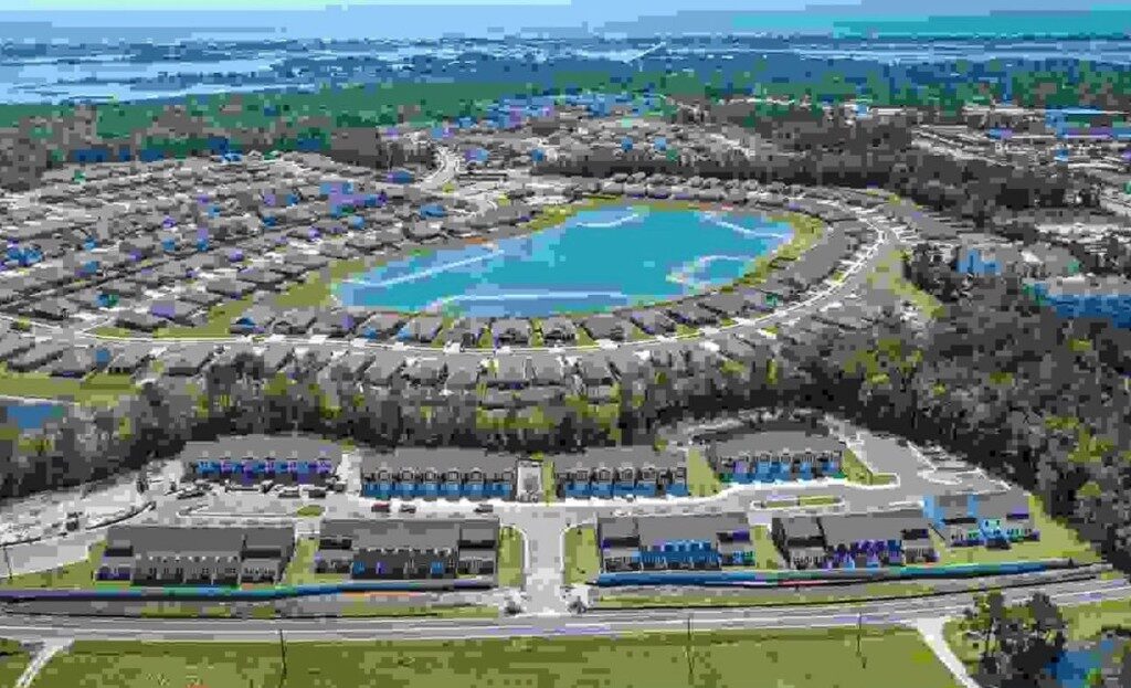 Aerial view of the Waterside Surf City neighborhood and pond